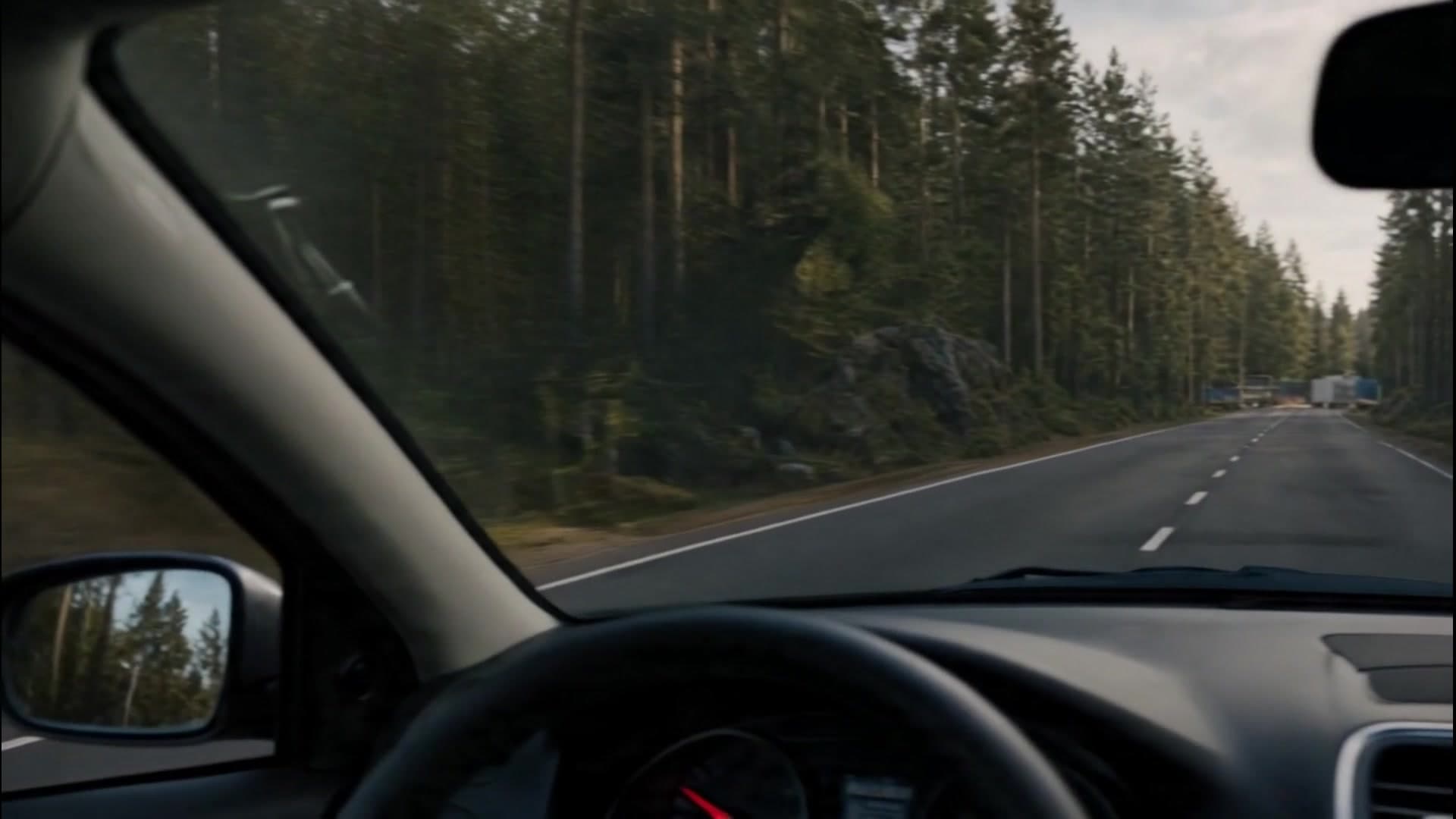 Okhta arrival film frame from car approach through pine forest