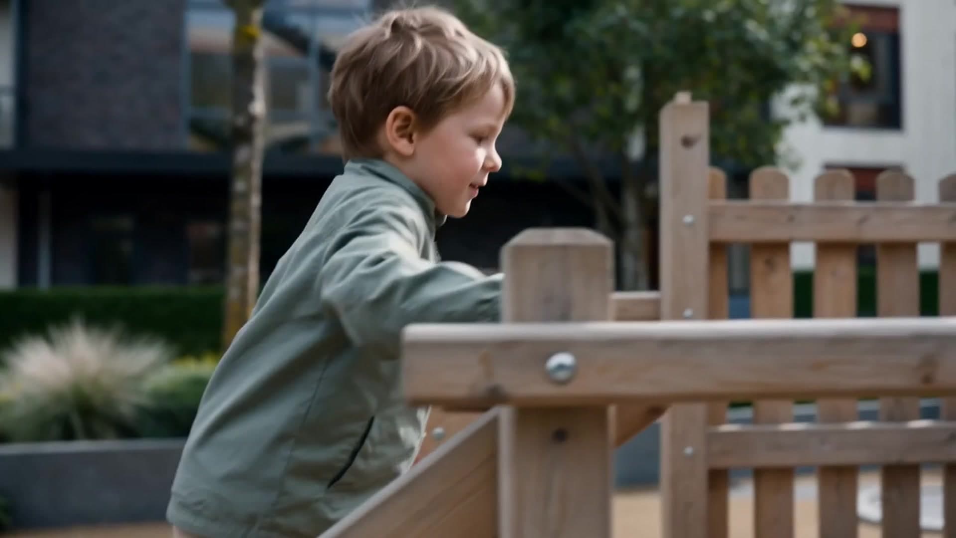 Okhta playground courtyard film frame with child and wooden play structure