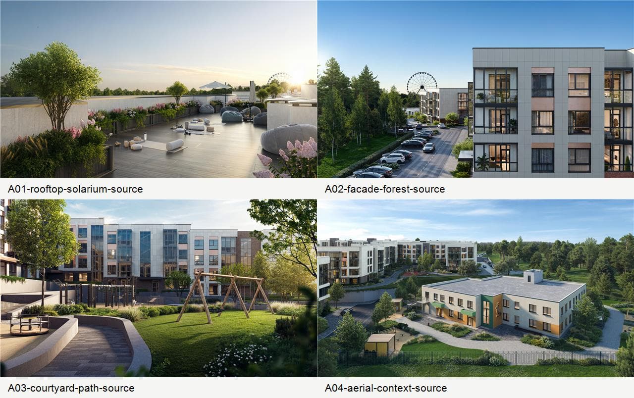 Okhta rooftop solarium source-board contact sheet with rooftop, facade, courtyard, and aerial angles