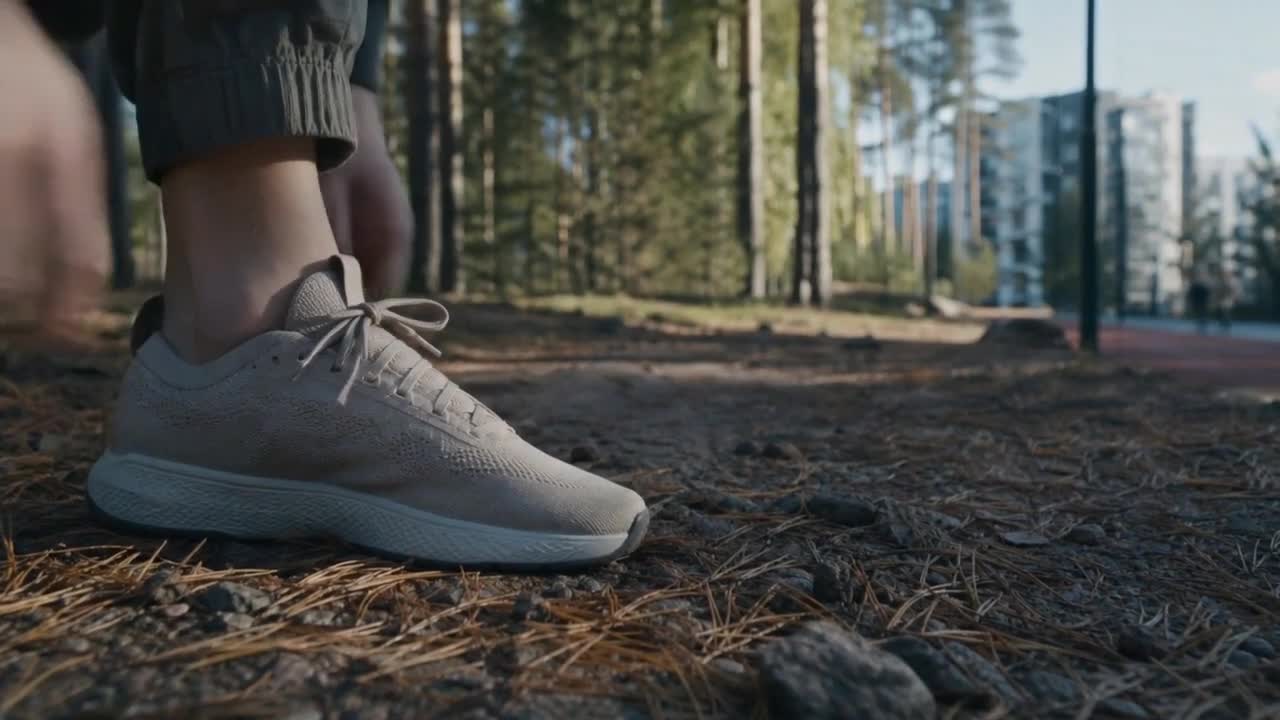 Okhta forest sport rhythm frame with running movement and pine landscape atmosphere