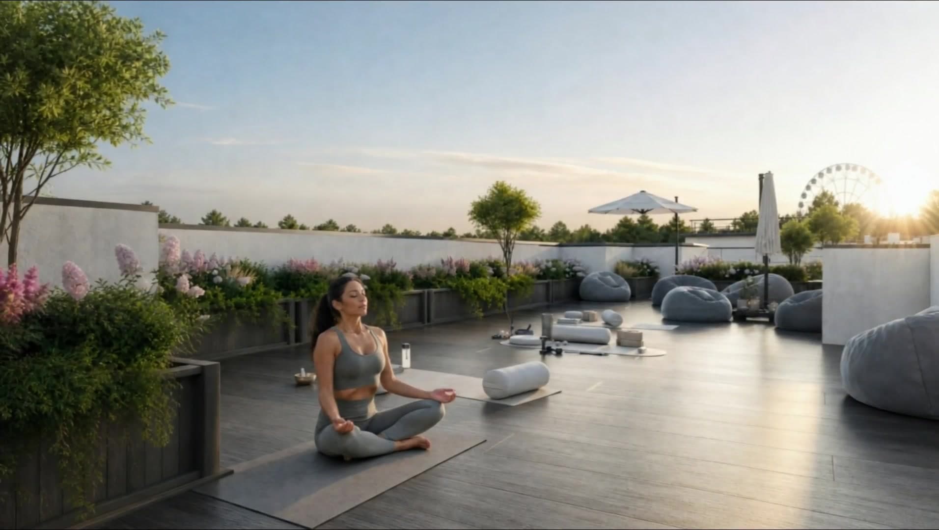 Okhta rooftop yoga reel frame with rooftop garden and morning light
