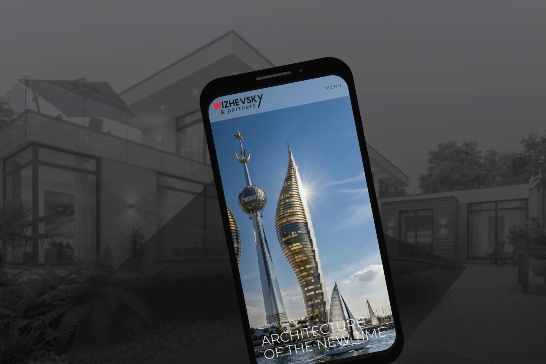 Wizhevsky mobile homepage in an architectural phone mockup